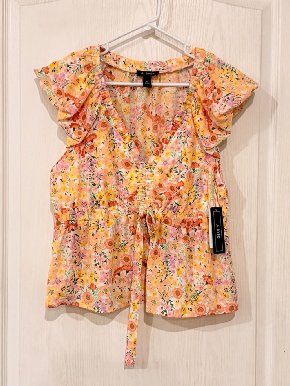 Final price NWT A. Byer Yellow & Pink Floral Ruffle Tie-Front Blouse